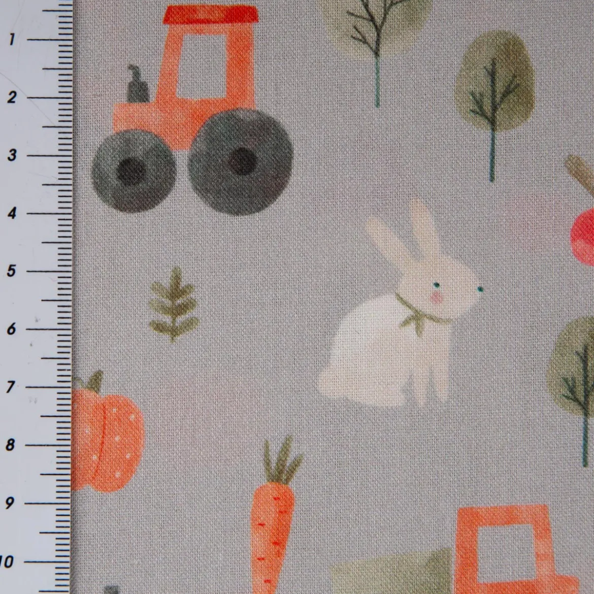 Baumwollstoff Popeline Digitaldruck Bauernhof beige orange grün 1,45m Breite