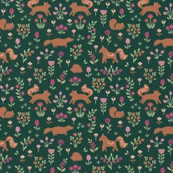 Baumwollstoff Popeline Faunia Waldtiere Blumen dunkelgrün rosa 1,50m Breite