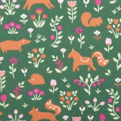 Baumwollstoff Popeline Faunia Waldtiere Blumen dunkelgrün rosa 1,50m Breite