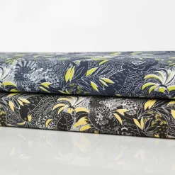 Baumwollstoff Popeline Junko Blätter Vögel dunkelblau neongrün 1,45m Breite