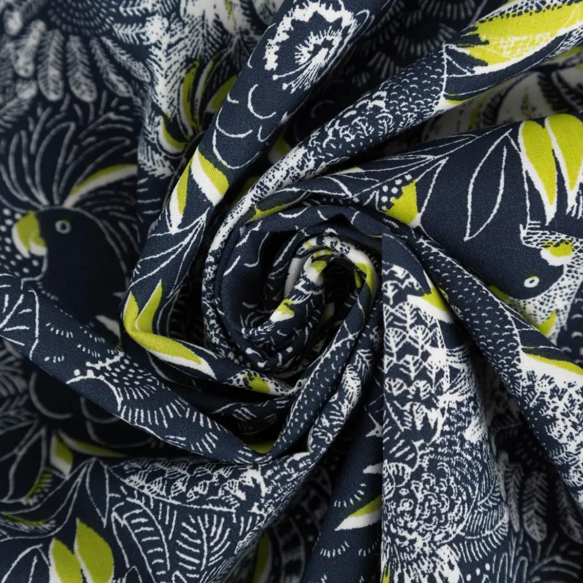 Baumwollstoff Popeline Junko Blätter Vögel dunkelblau neongrün 1,45m Breite