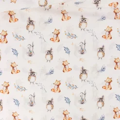 Baumwollstoff Popeline Kinder Digitaldruck Eule Hase Fuchs weiß 1,50m Breite