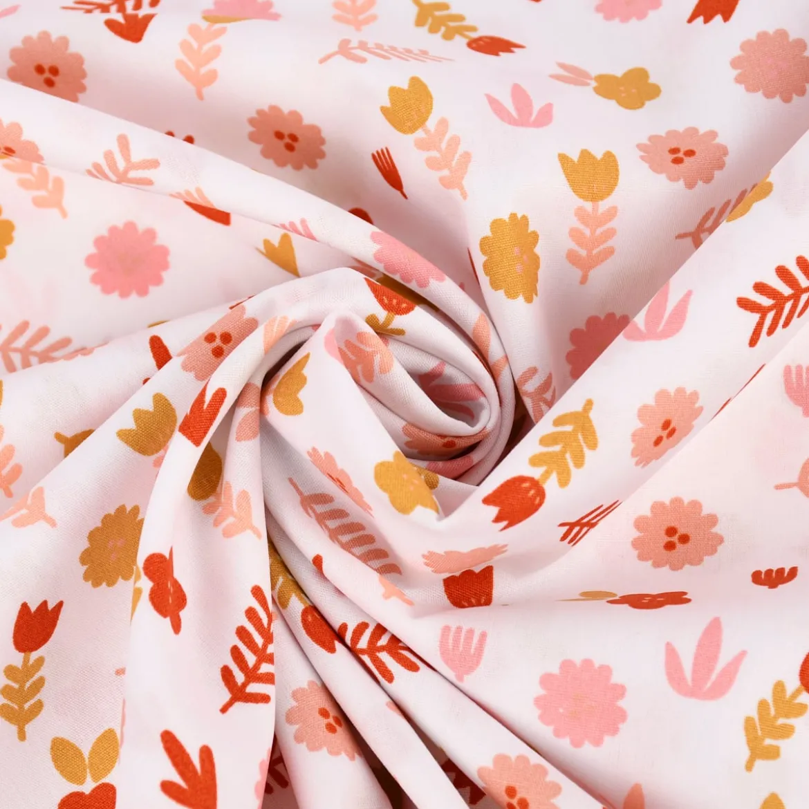 Baumwollstoff Popeline LOVELY STORY Blumen Blätter weiß rosa ocker 1,45m Breite