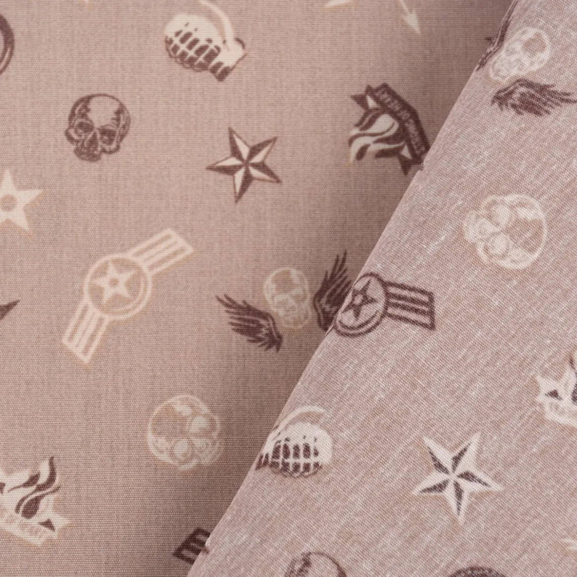 Baumwollstoff Popeline Militär Sterne Abzeichen taupe braun beige 1,5m Breite