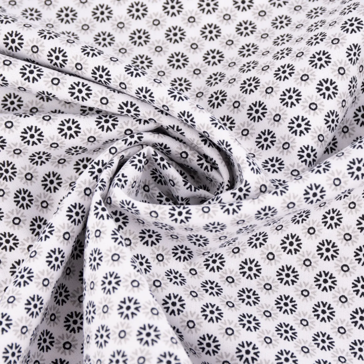 Baumwollstoff Popeline Minimals Blümchen Kreis-Ornamente weiß schwarz 1,48m Breite