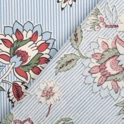 Baumwollstoff Popeline Panji Indienne Blumen Streifen ecru blau 1,50m Breite