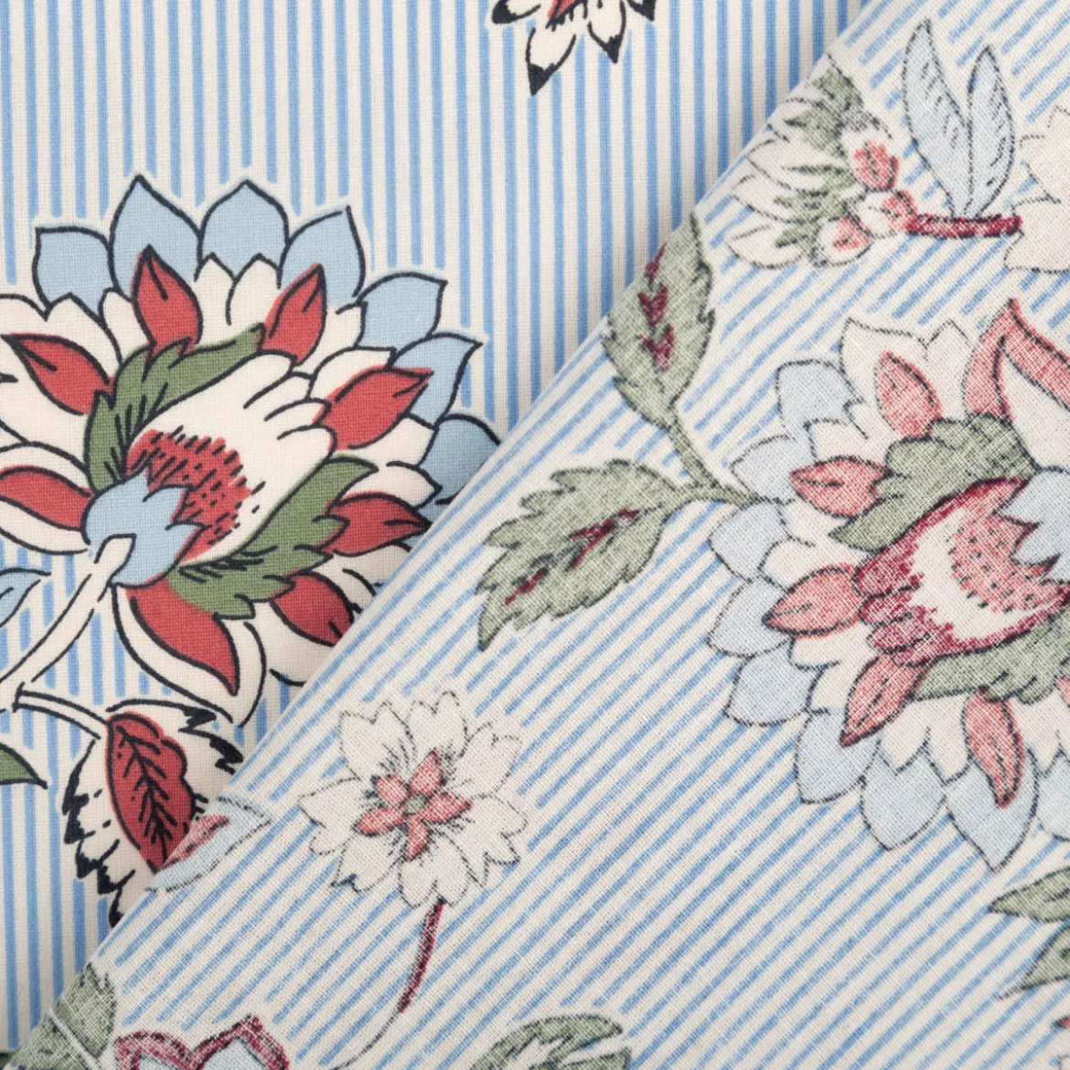 Baumwollstoff Popeline Panji Indienne Blumen Streifen ecru blau 1,50m Breite