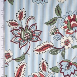 Baumwollstoff Popeline Panji Indienne Blumen Streifen ecru blau 1,50m Breite