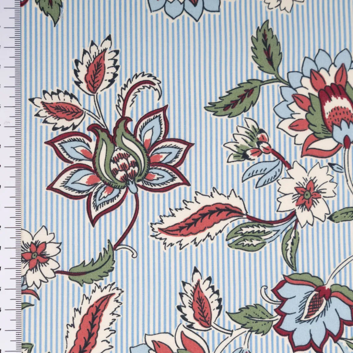 Baumwollstoff Popeline Panji Indienne Blumen Streifen ecru blau 1,50m Breite