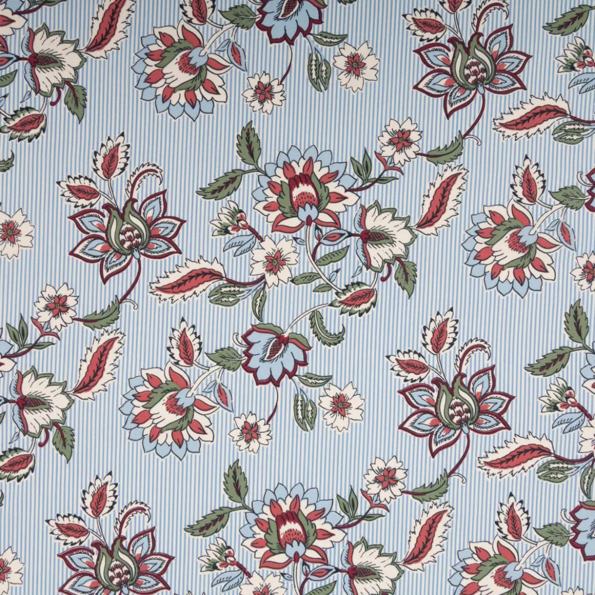 Baumwollstoff Popeline Panji Indienne Blumen Streifen ecru blau 1,50m Breite