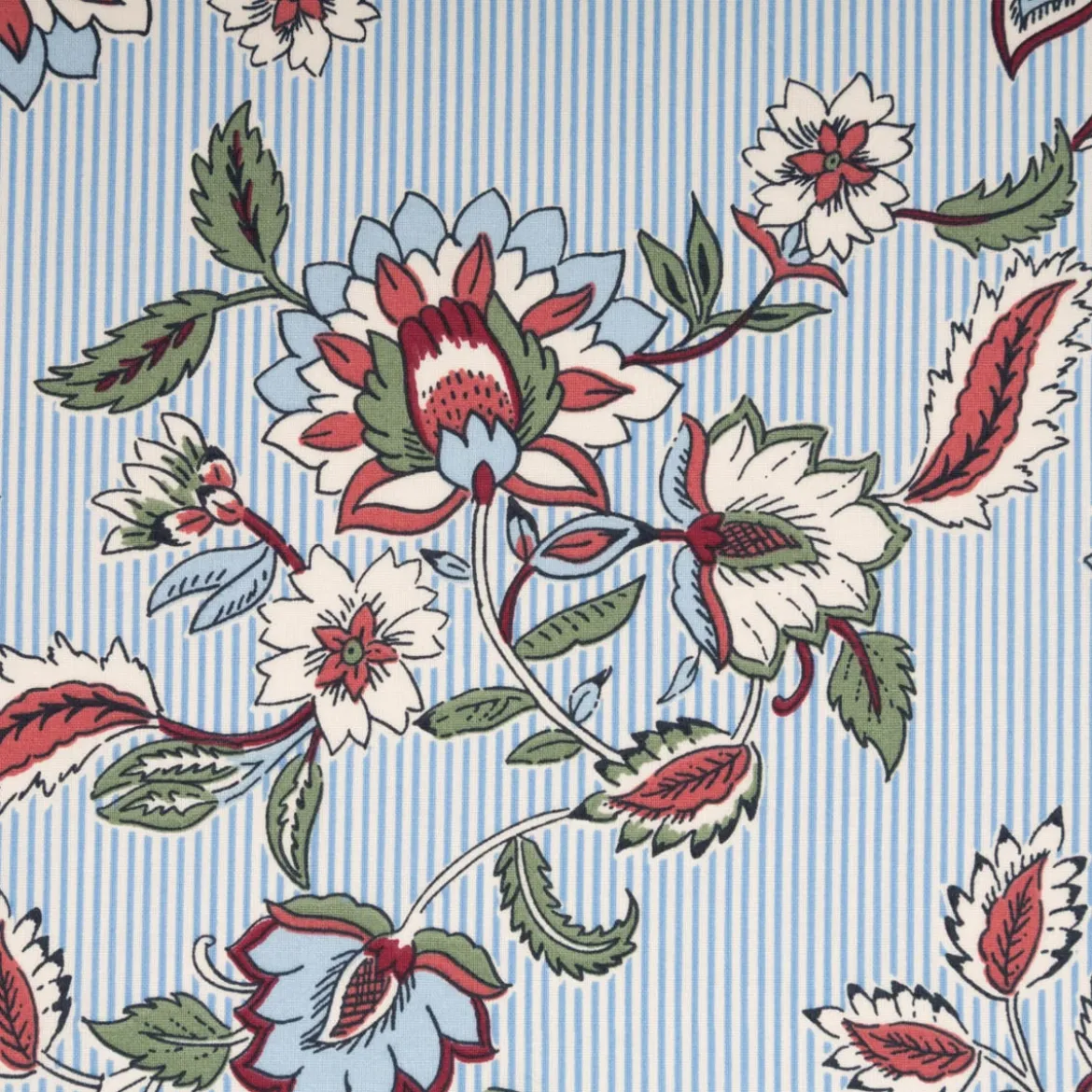 Baumwollstoff Popeline Panji Indienne Blumen Streifen ecru blau 1,50m Breite