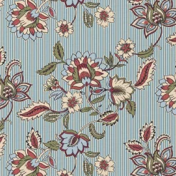 Baumwollstoff Popeline Panji Indienne Blumen Streifen ecru blau 1,50m Breite