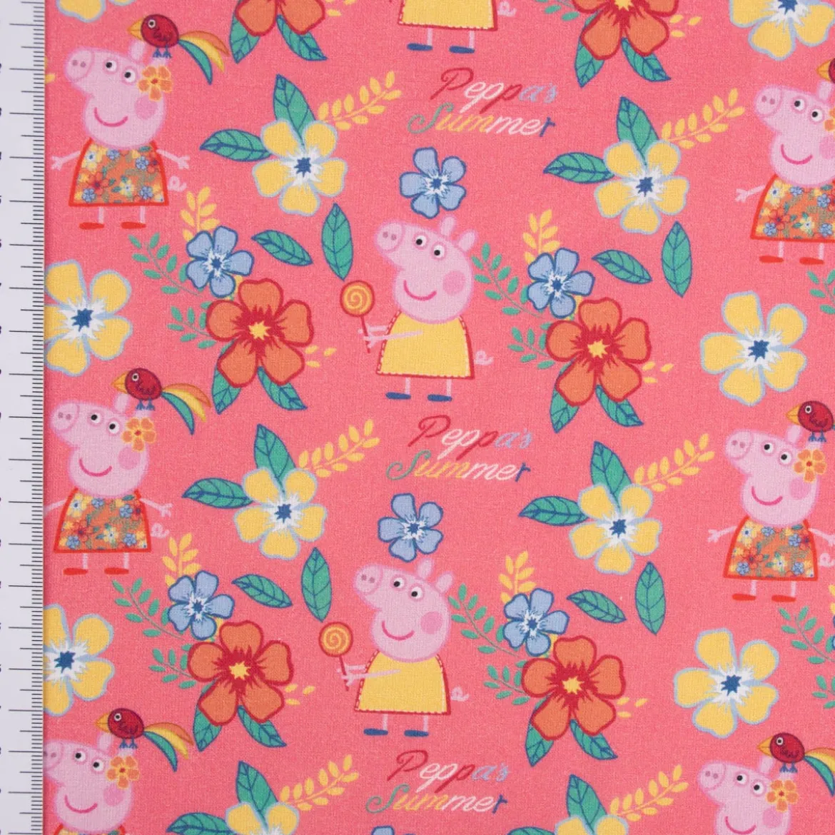 Baumwollstoff Popeline Peppa Wutz Blumen Blätter Schriftzug rosa gelb grün blau 1,5m Breite