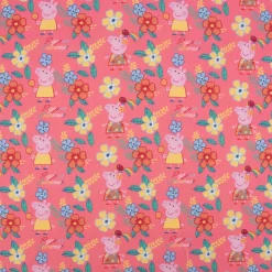 Baumwollstoff Popeline Peppa Wutz Blumen Blätter Schriftzug rosa gelb grün blau 1,5m Breite