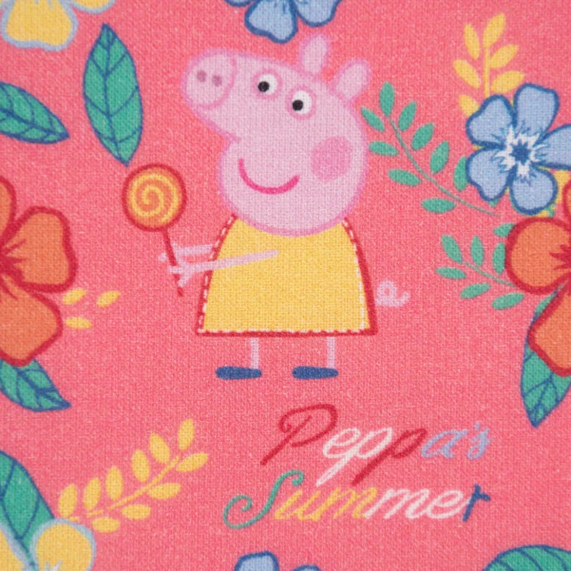 Baumwollstoff Popeline Peppa Wutz Blumen Blätter Schriftzug rosa gelb grün blau 1,5m Breite