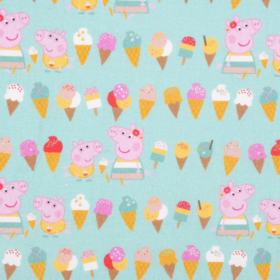 Baumwollstoff Popeline Peppa Wutz Schorsch Eis mint rosa braun gelb ocker 1,5m Breite