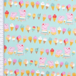 Baumwollstoff Popeline Peppa Wutz Schorsch Eis mint rosa braun gelb ocker 1,5m Breite