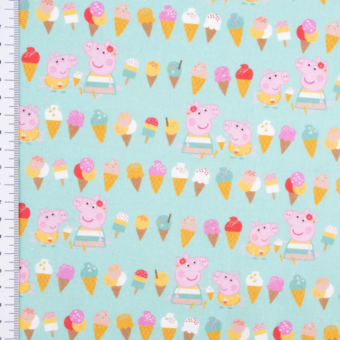 Baumwollstoff Popeline Peppa Wutz Schorsch Eis mint rosa braun gelb ocker 1,5m Breite