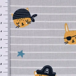 Baumwollstoff Popeline PIRATES Streifen Pirat Hase Bär Sterne grau blau ocker 1,45m Breite