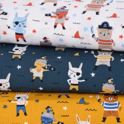 Baumwollstoff Popeline PIRATES Pirat Hase Bär Sterne ocker blau braun 1,45m Breite