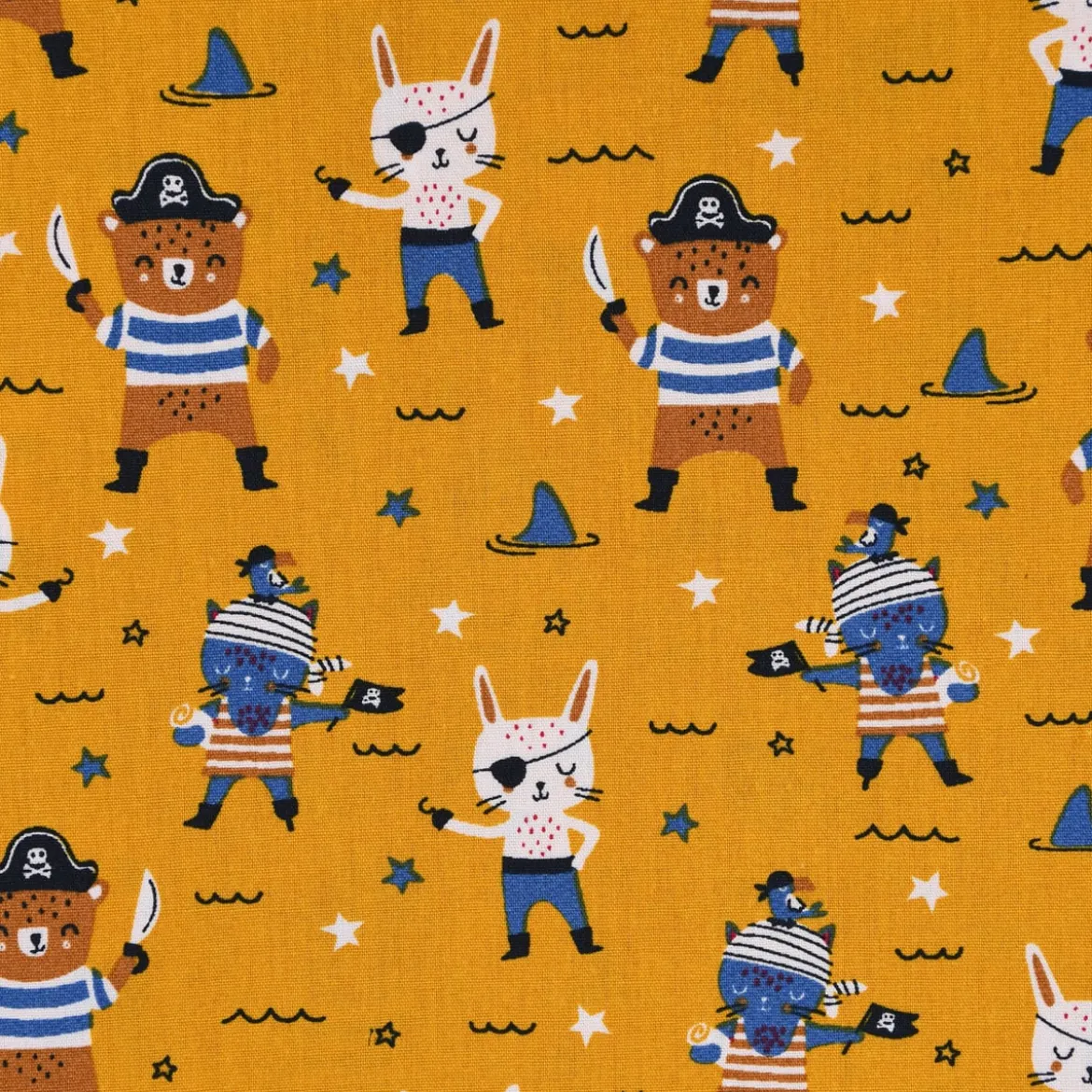Baumwollstoff Popeline PIRATES Pirat Hase Bär Sterne ocker blau braun 1,45m Breite