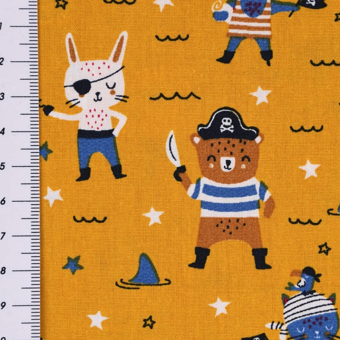 Baumwollstoff Popeline PIRATES Pirat Hase Bär Sterne ocker blau braun 1,45m Breite