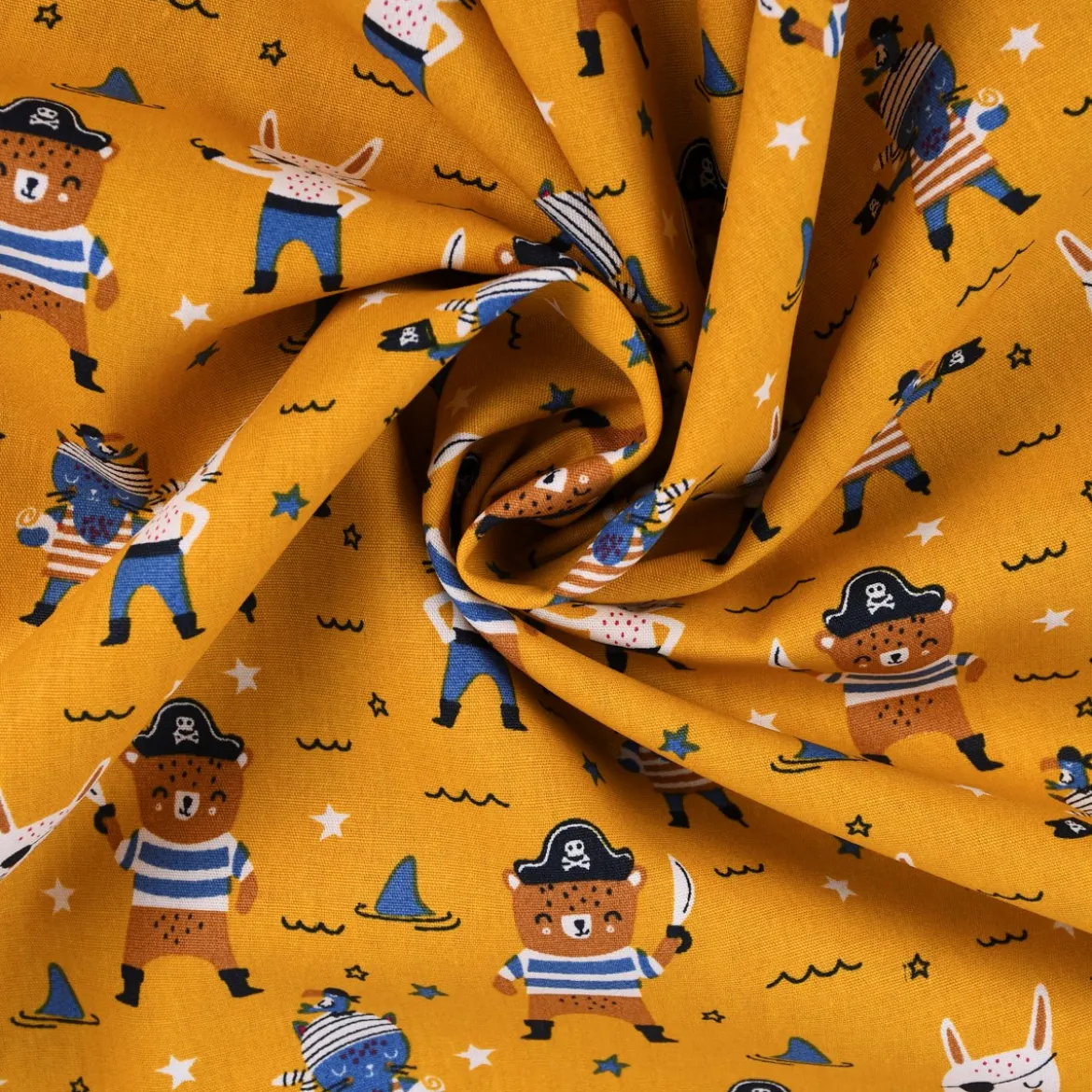 Baumwollstoff Popeline PIRATES Pirat Hase Bär Sterne ocker blau braun 1,45m Breite