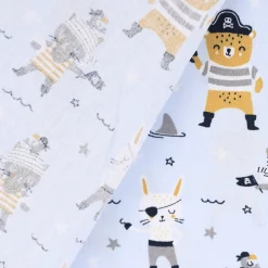Baumwollstoff Popeline PIRATES Pirat Hase Bär Sterne blau grau ocker 1,45m Breite