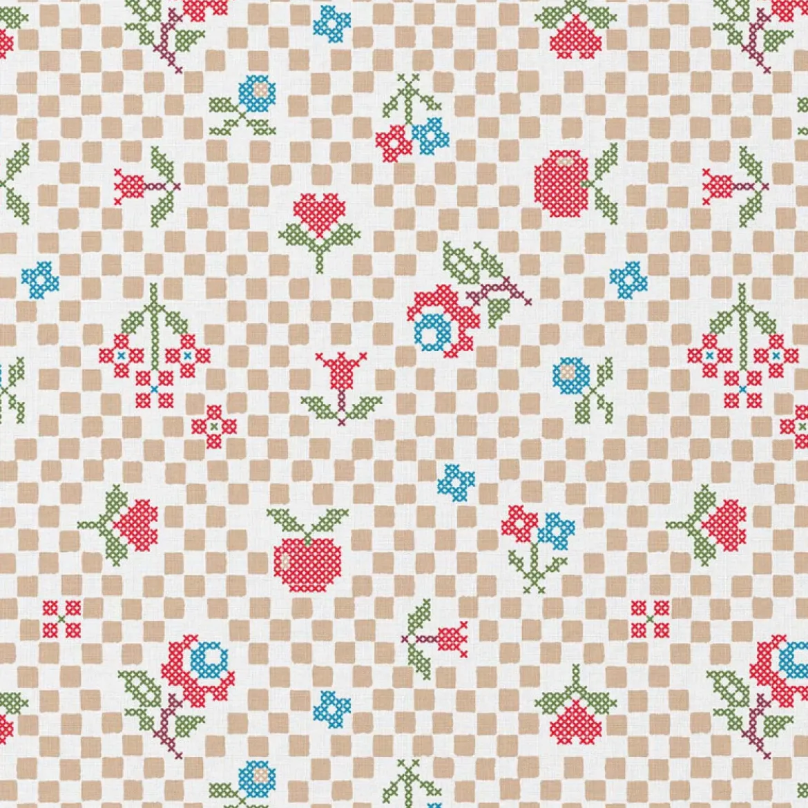 Baumwollstoff Popeline Pomsy Kreuzstich Blumen natur rot 1,50m Breite