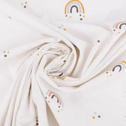 Baumwollstoff Popeline Stoff Regenbogen Sterne wollweiß bunt 1,45m Breite