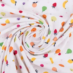 Baumwollstoff Popeline Stoff Tutti Frutti Früchte Apfel Beeren weiß bunt 1,45m Breite