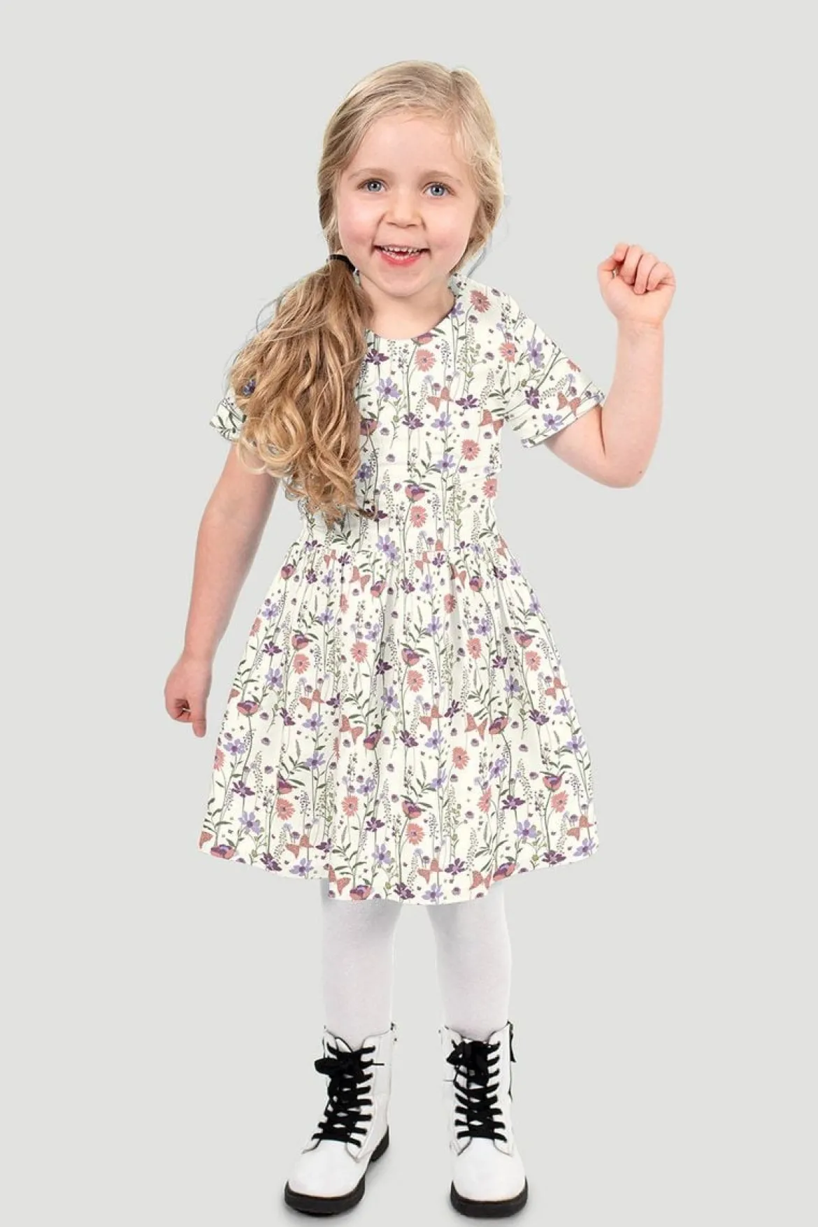 Baumwollstoff Popeline Stoff Blumen Schmetterlinge wollweiß lachsrosa blau 1,45m Breite