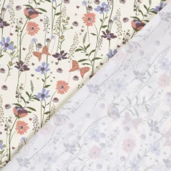 Baumwollstoff Popeline Stoff Blumen Schmetterlinge wollweiß lachsrosa blau 1,45m Breite