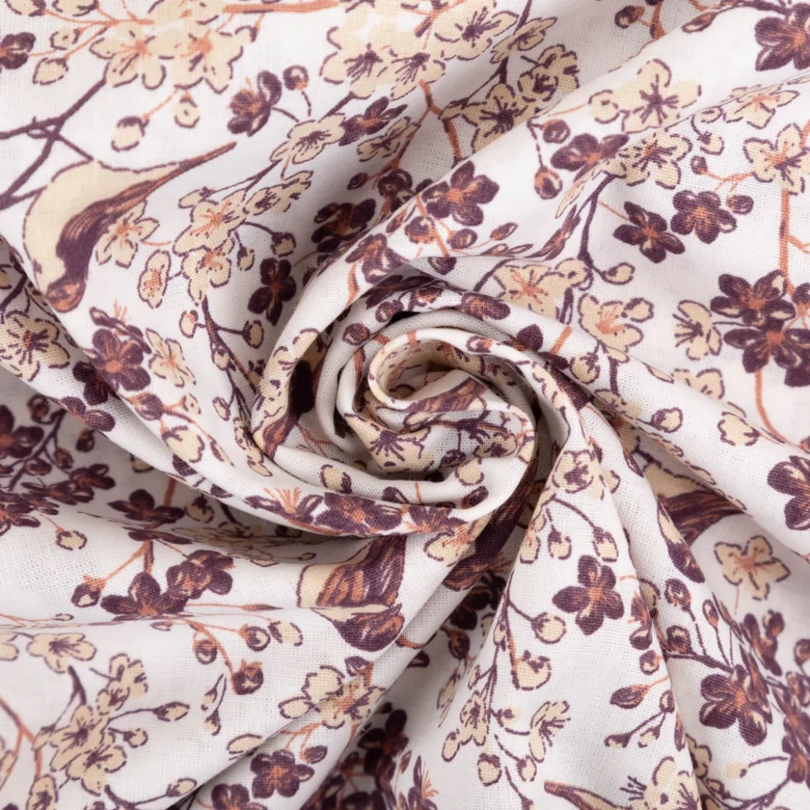 Baumwollstoff Popeline Stoff Vögel Blumen wollweiß beige weinrot 1,45m Breite