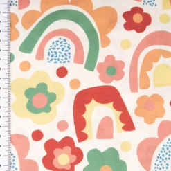 Baumwollstoff Popeline Stoff Regenbogen Blumen wollweiß bunt 1,45m Breite