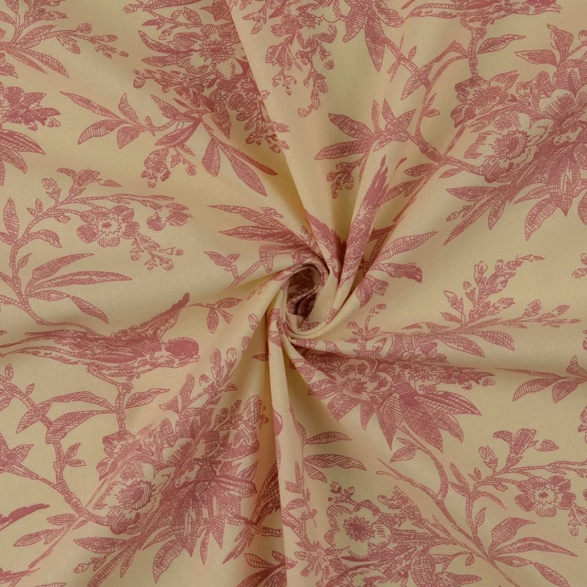 Baumwollstoff Popeline Stoff Vögel und Blumen Serie Romantic Garden Altrosa 1,40m Breite