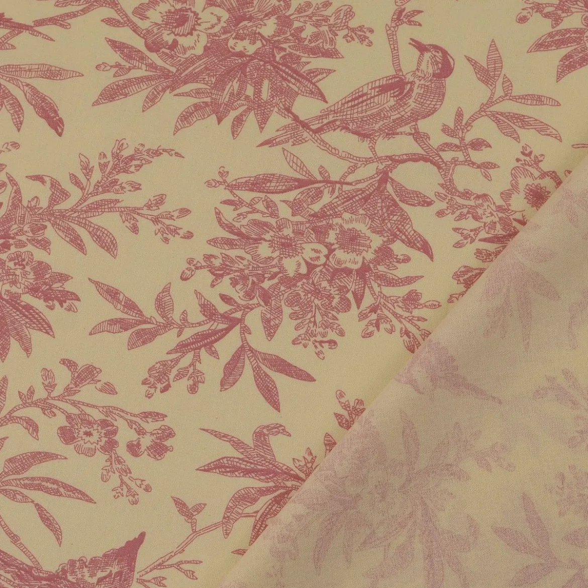 Baumwollstoff Popeline Stoff Vögel und Blumen Serie Romantic Garden Altrosa 1,40m Breite