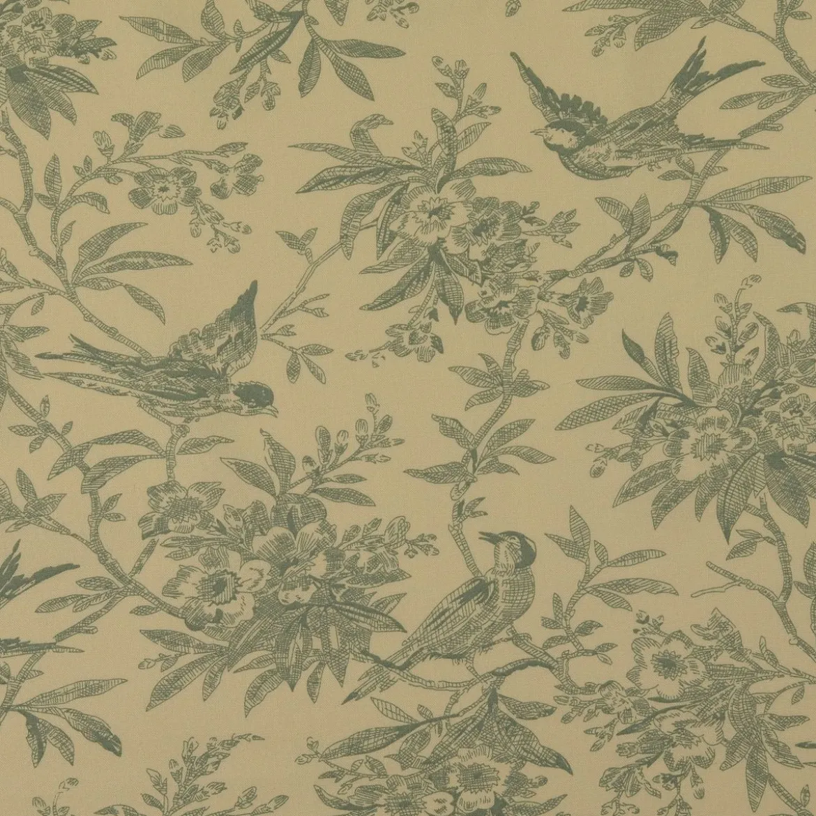 Baumwollstoff Popeline Stoff Vögel und Blumen Serie Romantic Garden Mintgrün 1,40m Breite