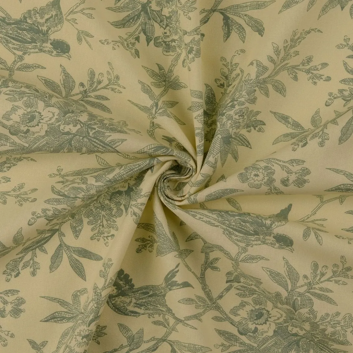 Baumwollstoff Popeline Stoff Vögel und Blumen Serie Romantic Garden Mintgrün 1,40m Breite