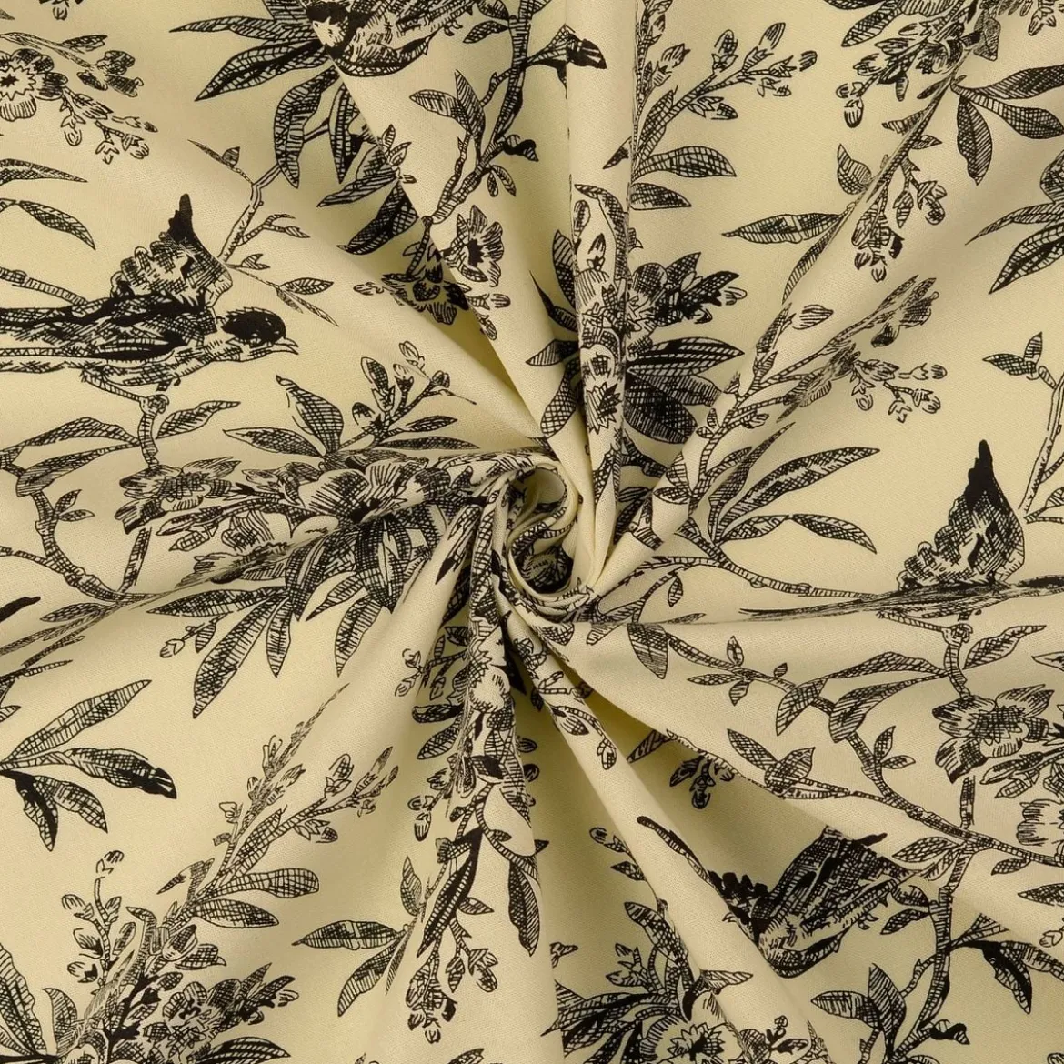 Baumwollstoff Popeline Stoff Vögel und Blumen Serie Romantic Garden Schwarz 1,40m Breite