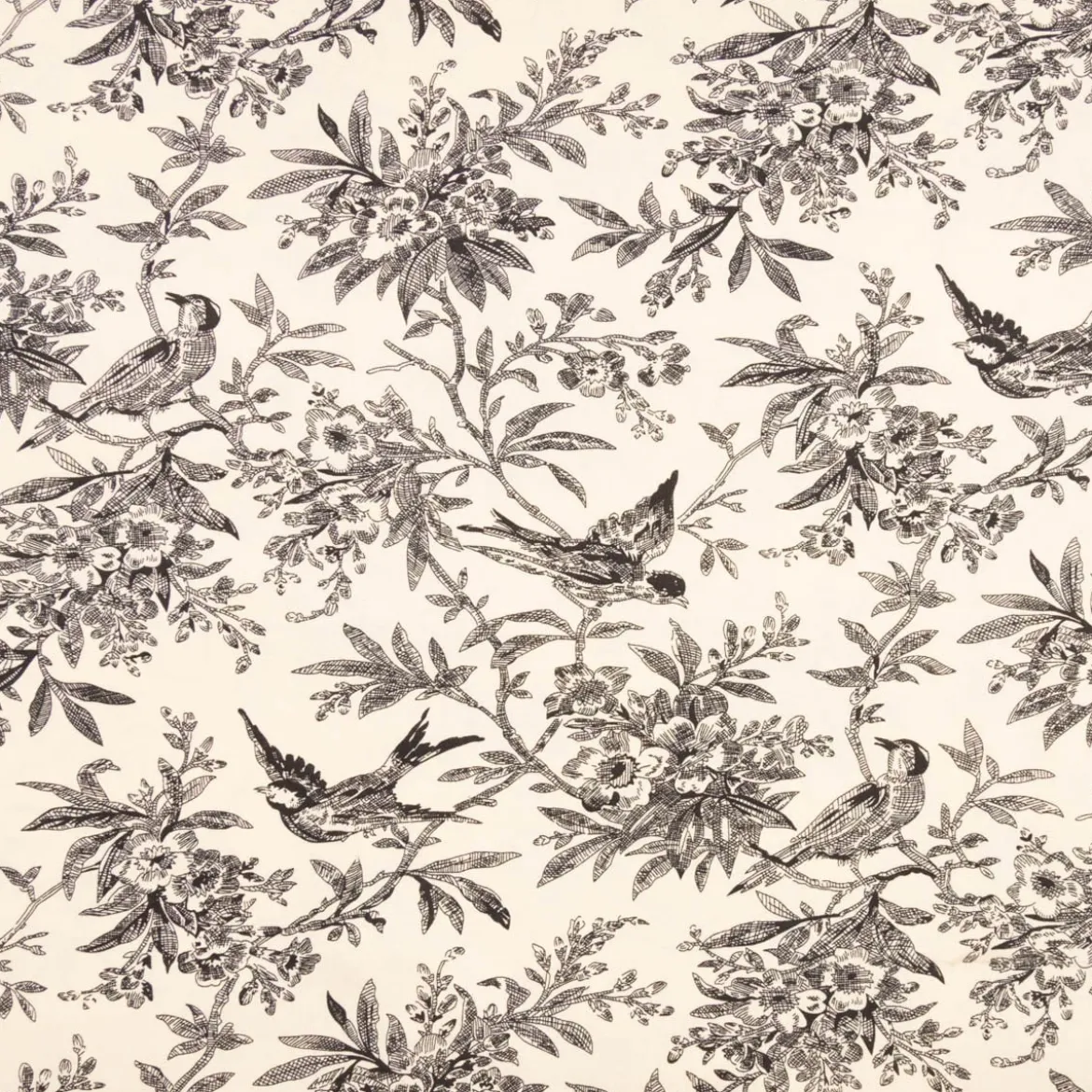Baumwollstoff Popeline Stoff Vögel und Blumen Serie Romantic Garden Schwarz 1,40m Breite
