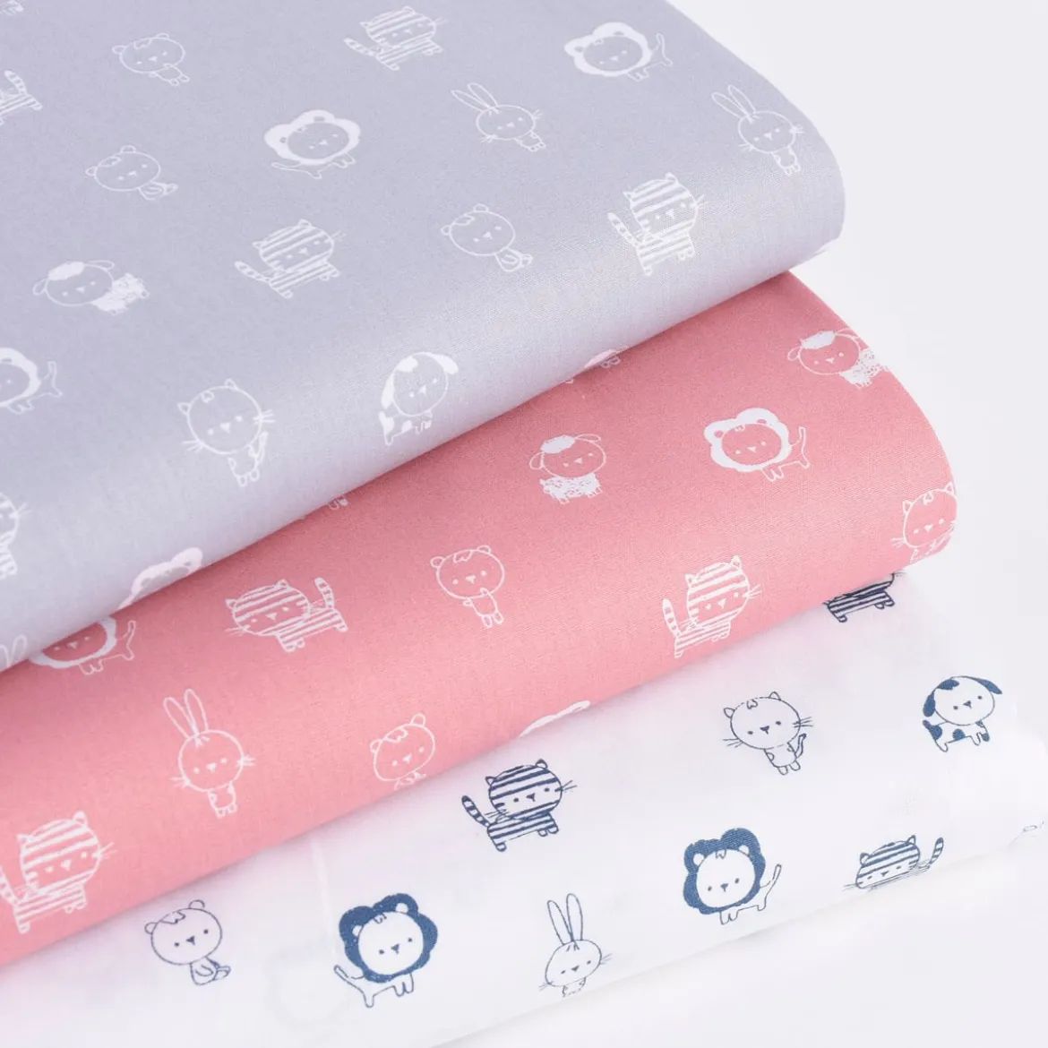 Baumwollstoff Popeline SWEET ANIMALS Löwe Tiger Hase weiß blau 1,50m Breite