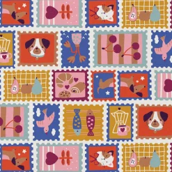 Baumwollstoff Popeline Timbres Briefmarken Tiere rot gelb 1,50m Breite