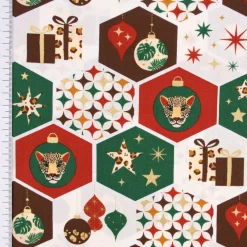 Baumwollstoff Popeline Weihnachten Waben Kugeln Sterne Geschenke wollweiß rot grün braun gold 1,45m Breite