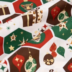Baumwollstoff Popeline Weihnachten Waben Kugeln Sterne Geschenke wollweiß rot grün braun gold 1,45m Breite