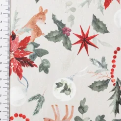 Baumwollstoff Popeline Weihnachtsstoff Digitaldruck Norten Rehkitz beige rot 1,47m Breite