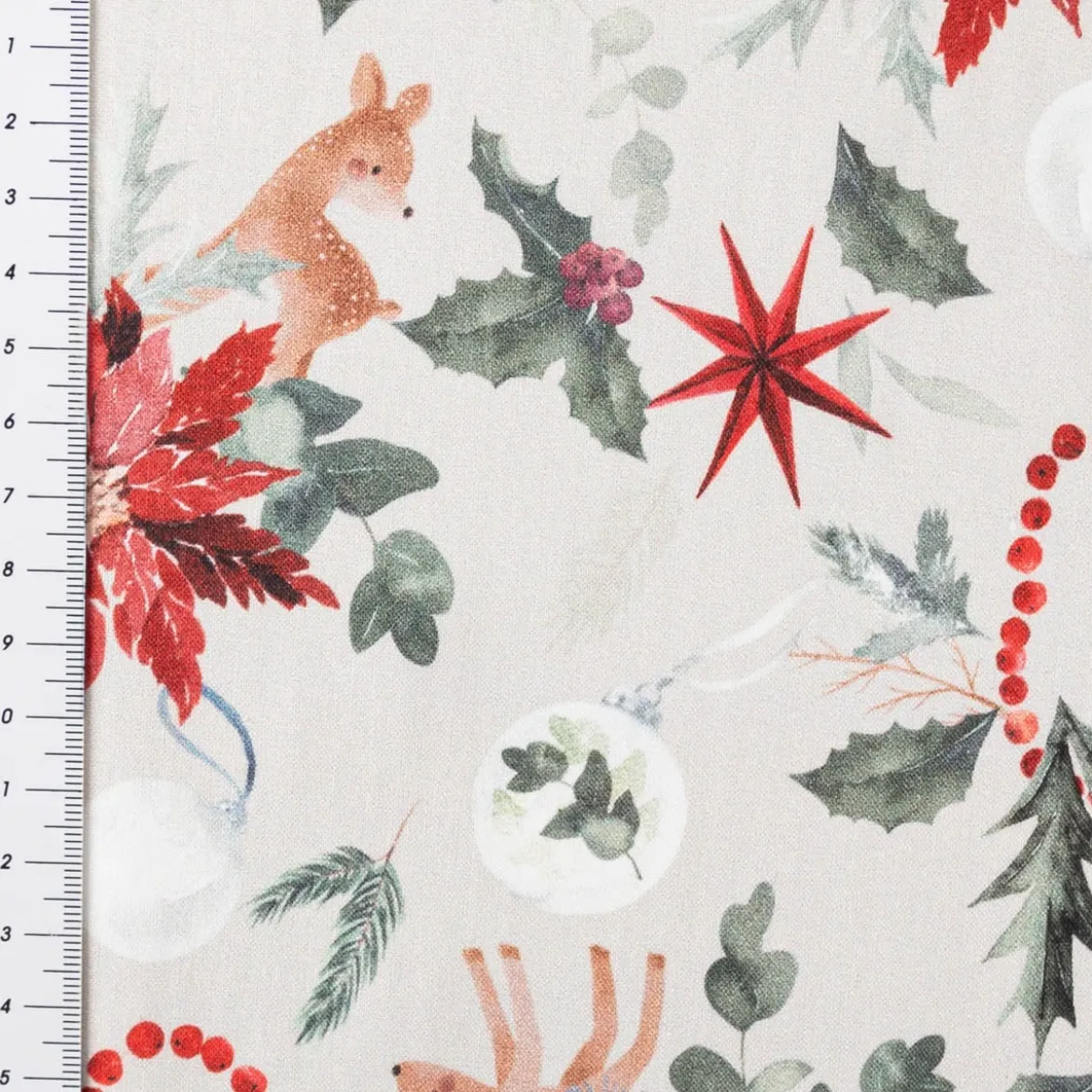 Baumwollstoff Popeline Weihnachtsstoff Digitaldruck Norten Rehkitz beige rot 1,47m Breite
