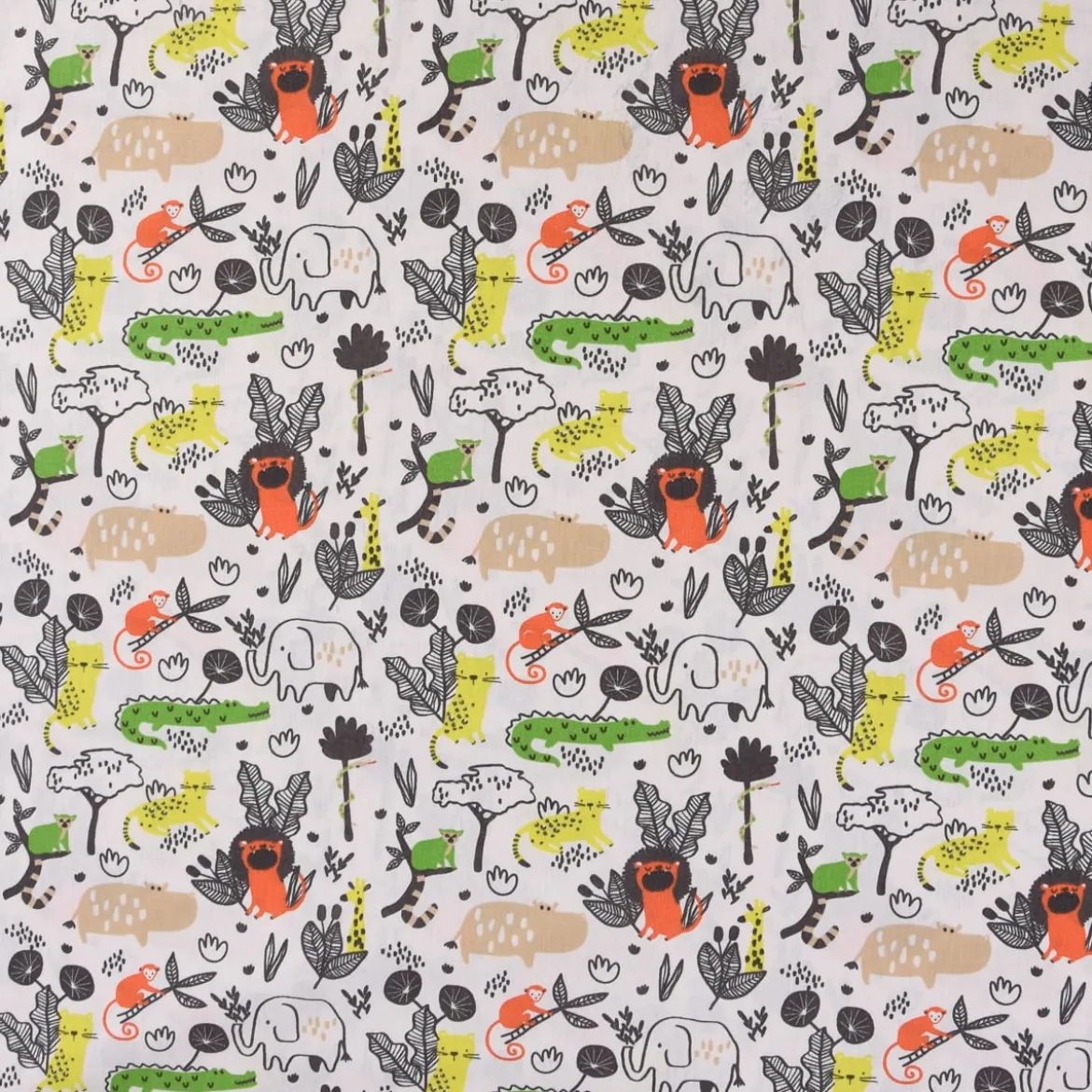 Baumwollstoff Popeline WILD ANIMALS beige grün orange gelb dunkelgrau 1,50m Breite