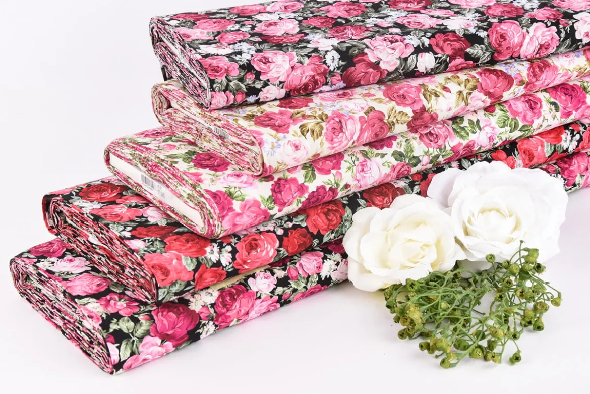 Baumwollstoff Rosen grün rot rosa 1,45m Breite