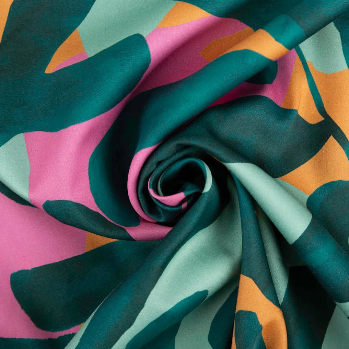 Baumwollstoff Satin Stoff Cotton Satin Digital Leaves grün pink orange 1,48m Breite